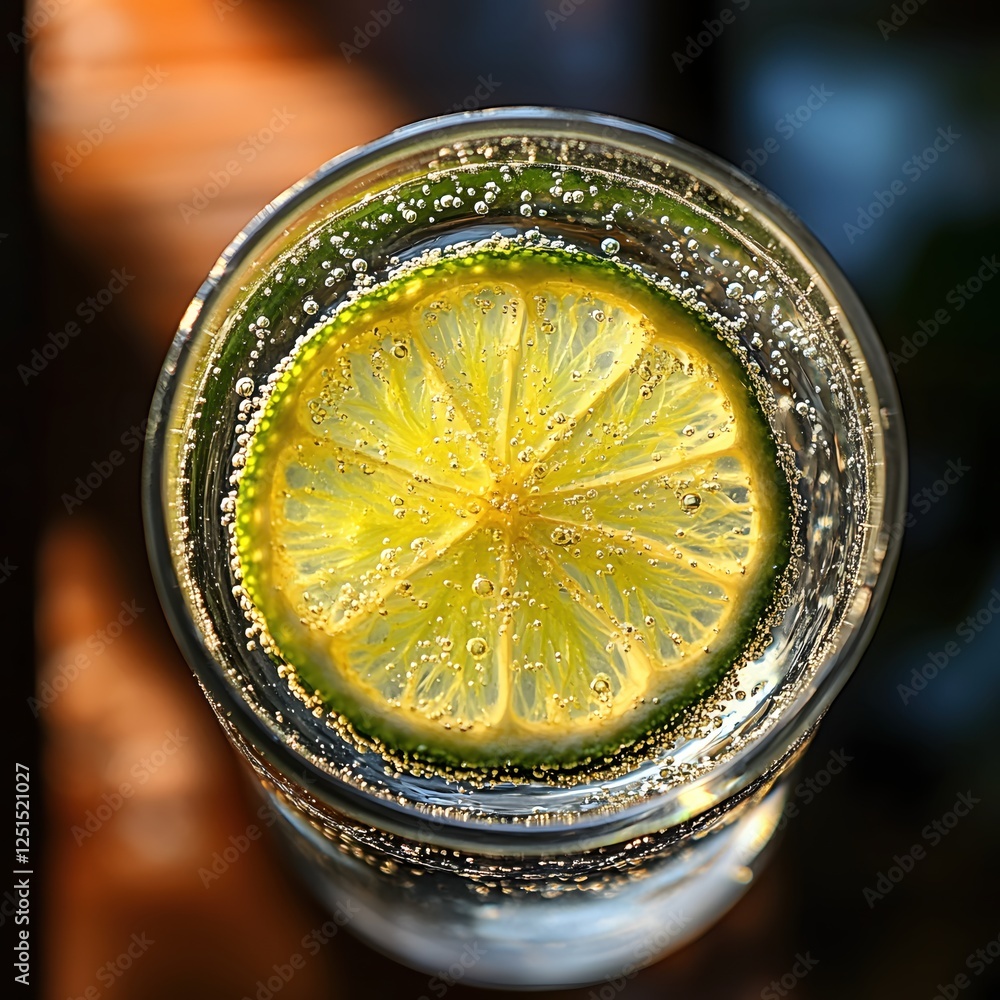 Poster refreshing lime slice in sparkling water creating a bubbly citrus sensation in a glass