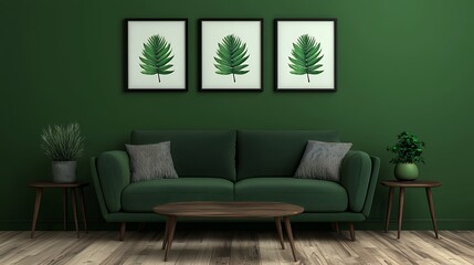 Fototapeta premium Green Velvet Sofa in Dark Green Room with Tree Prints