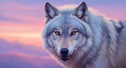 Obraz premium Gray Wolf Portrait with Soft Pastel Sky Artistic Illustration