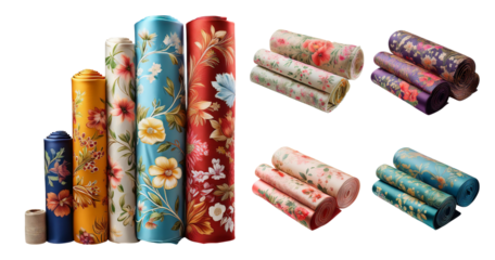 Vibrant Floral Fabrics Displayed in Rolls and Neatly Folded Stacks, isolated on transparent background