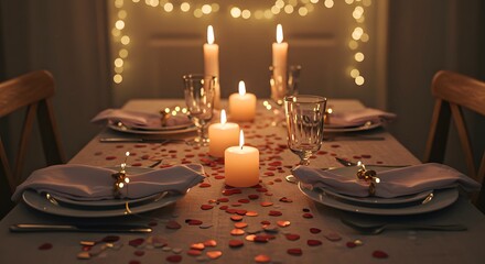 Romantic candlelit table for two, soft string lights overhead, pastel napkins, scattered heart confetti