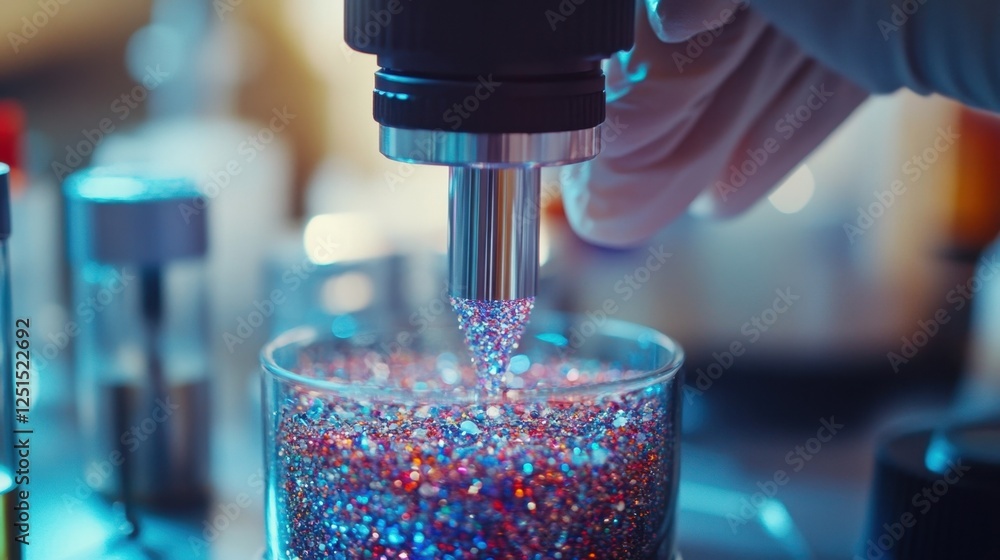 Aufkleber laboratory scene showcasing a scientific experiment with a focus on colorful particles under a micro