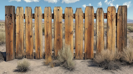 Fototapeta premium Rustic Wooden Fence in Arid Landscape, Protective Barrier Against Desert Backdrop