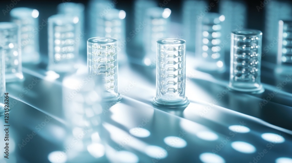 Poster rows of transparent glass cylinders with intricate internal structures are illuminated, creating a f