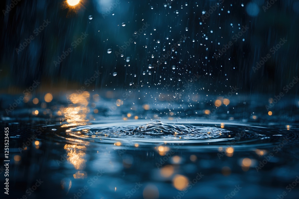 Poster raindrops falling into a puddle creating ripples with bokeh lights reflecting on the water