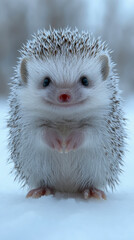 Obraz premium Winter Wildlife: A heartwarming portrait of an adorable white hedgehog in the snow, perfect for card or print