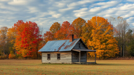 Autumn serenity: A weathered cabin amidst vibrant fall foliage under a gentle cloudy sky