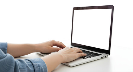 Modern Laptop with Blank Screen - Hands on Keyboard