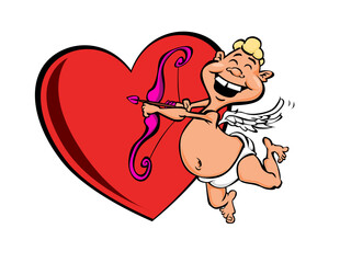 Cartoon Cupid with Bow and Arrow in Front of Red Heart