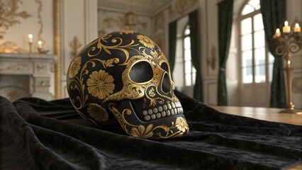 Obraz premium Black and gold skull with floral details on velvet background
