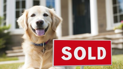 Happy dog sitting proudly next to a sold sign in front of a beautiful home during a sunny day