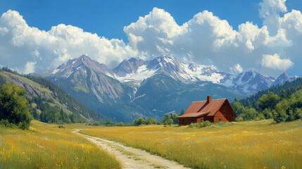 Obraz premium A tranquil homestead beneath towering peaks: a peaceful country retreat