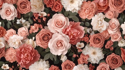 Vibrant Floral Garden Featuring Layered Roses in Soft Coral and Cream Shades