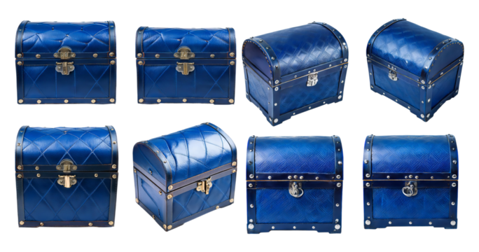 Eight Elegant Blue Decorative Chests with Unique Vintage Designs, isolated on transparent background