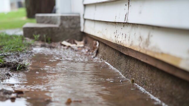 Heavy rain causes water to splash from a blocked gutter onto the ground and nearby steps