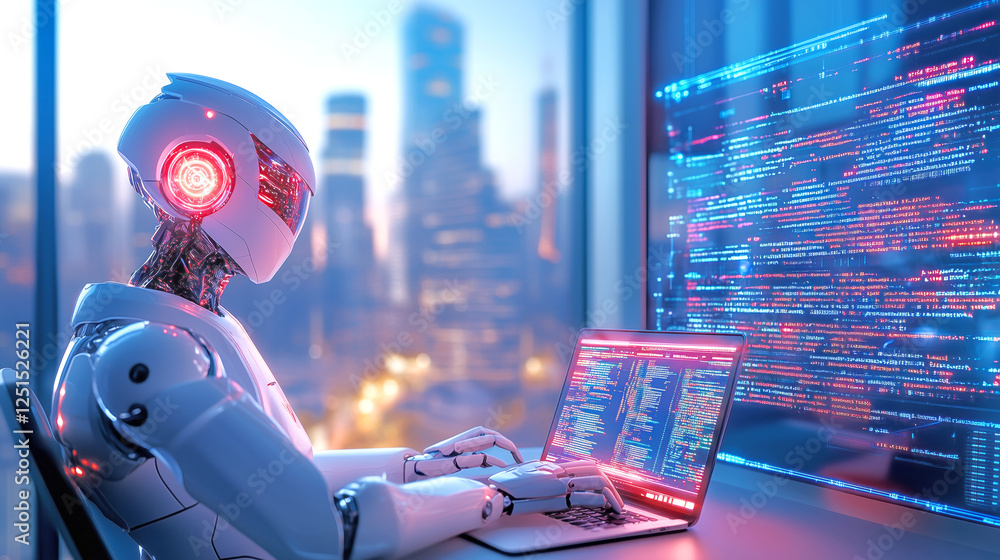 Poster a sophisticated robot sits focused at a sleek desk, laptop open and illuminated, while coding and an