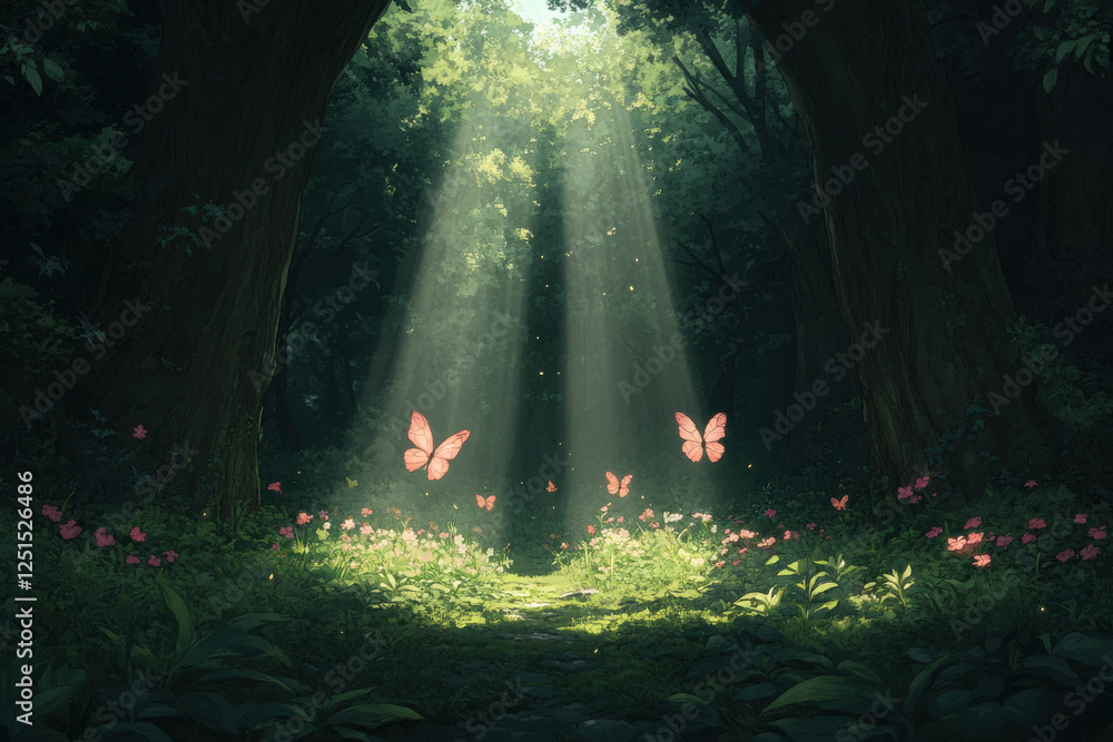 Poster a forest scene with two butterflies and a tree