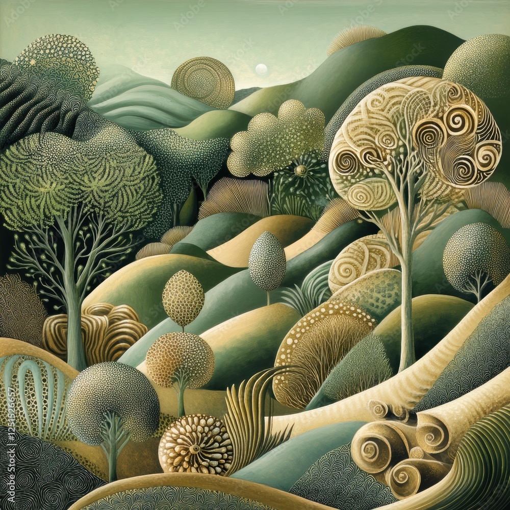 Poster intricate landscape filled with swirling trees and rolling hills in calming green tones at dawn. gen