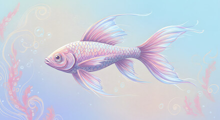 Fantasy Goldfish Swimming in Dreamy Pastel Waters with Pink Seaweed
