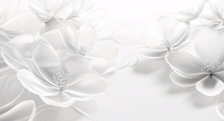 Elegant translucent white flowers with intricate details, soft ethereal floral background, artistic botanical illustration