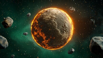 Fiery Grey Planet Among Asteroids in Dark Teal Space