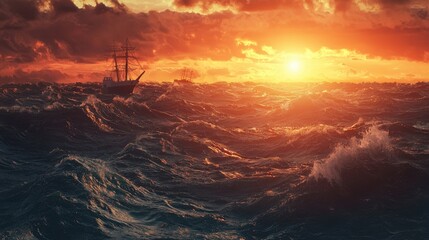 Obraz premium Sunset Stormy Seascape: Majestic Sailing Ships Braving the Waves at Golden Hour