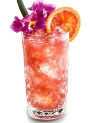 Refreshing tropical cocktail with blood orange slice and orchid blossom on white background