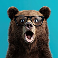 surprised brown bear wearing glasses against blue background, expressing shock