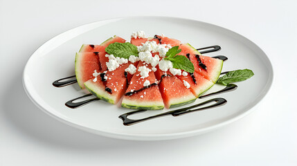 Refreshing watermelon slices adorned with creamy cheese, fresh mint, and balsamic drizzle for a light and flavorful treat.
