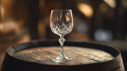 A detailed close-up capturing a wine glass delicately perched on a wooden barrel