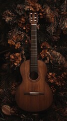 Acoustic guitar surrounded by autumnal decorations