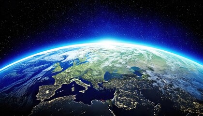 View of Earth from space showcasing Europe and surrounding regions at night