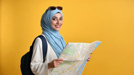 young arabic woman Traveler in  Hijab Exploring with a Map