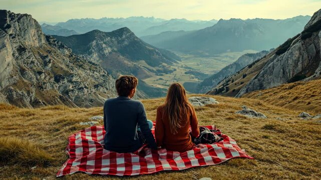 A young couple having picnic on the mountain, beautiful view of mountains and valley in background, wide angle shot, backview, romantic vibe, 