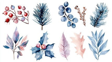 Fototapeta premium Watercolor Illustrations of Seasonal Foliage and Berries in Blue Tones