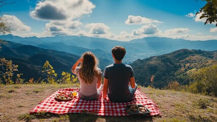 A young couple having picnic on the mountain, beautiful view of mountains and valley in background, wide angle shot, backview, romantic vibe, 