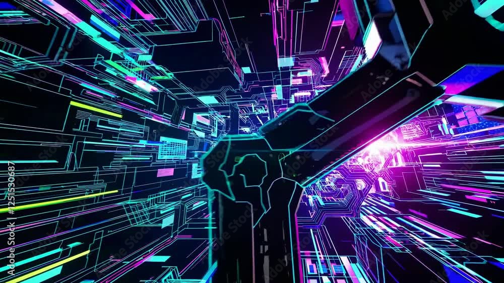 Poster exploring vibrant neon patterns in a futuristic digital landscape filled with dynamic lines and colo