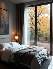 Serene Bedroom Autumnal Forest View Through Window