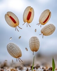 Floating Seed Pods with Red Interiors Against Soft Green and Sand Background