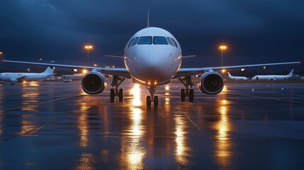 Fototapeta premium Night airport tarmac; plane awaits departure; stormy sky