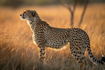 Elegant Cheetah Standing Alert in Golden Light of African Savanna