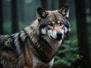 Fototapeta premium AI-generated image of a majestic wolf with piercing eyes and detailed fur. Perfect for wildlife, nature, and wilderness-themed stock photography.