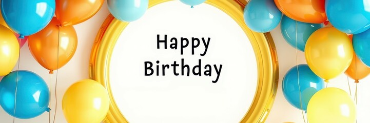 Colorful birthday celebration decorations with bright balloons and a festive message on display