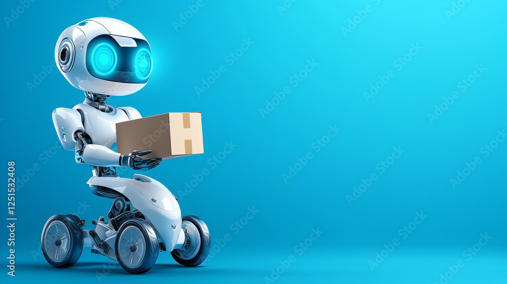 Poster a robot with blue glowing eyes is holding a brown package in a bright blue setting. the robot is des