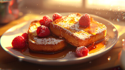 Golden French toast topped with powdered sugar, fresh raspberries, and dripping maple syrup on a plate. Delicious breakfast.