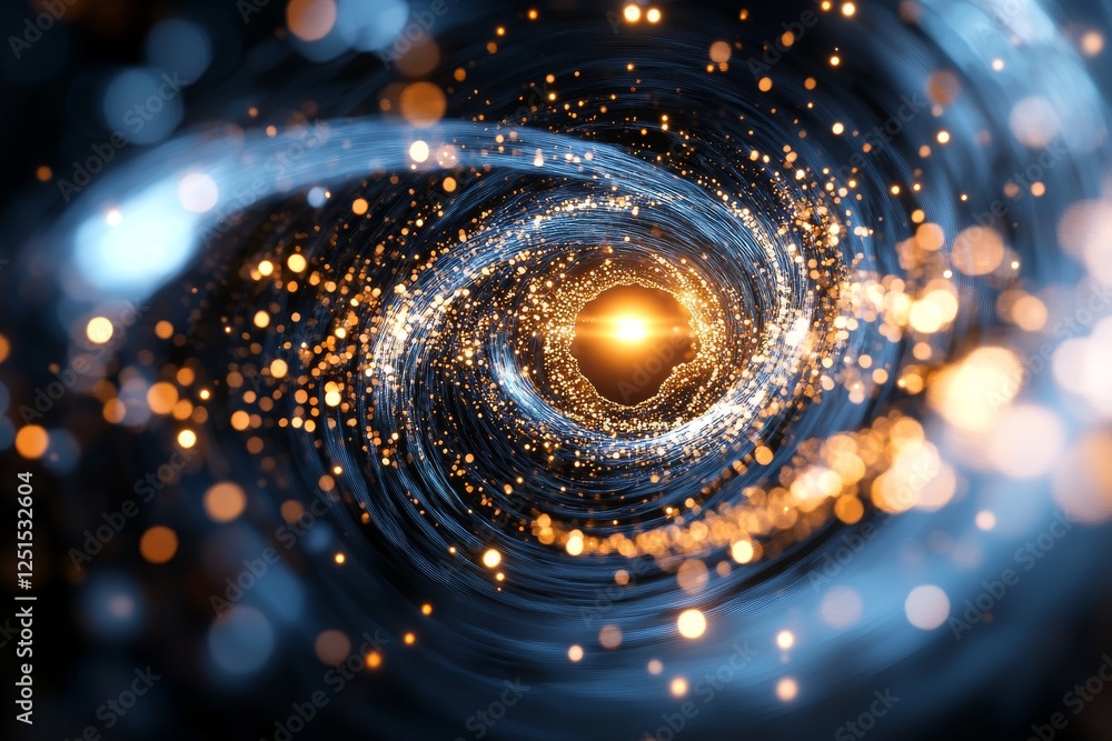 Poster captivating visualization of a swirling cosmic vortex filled with glowing particles and light