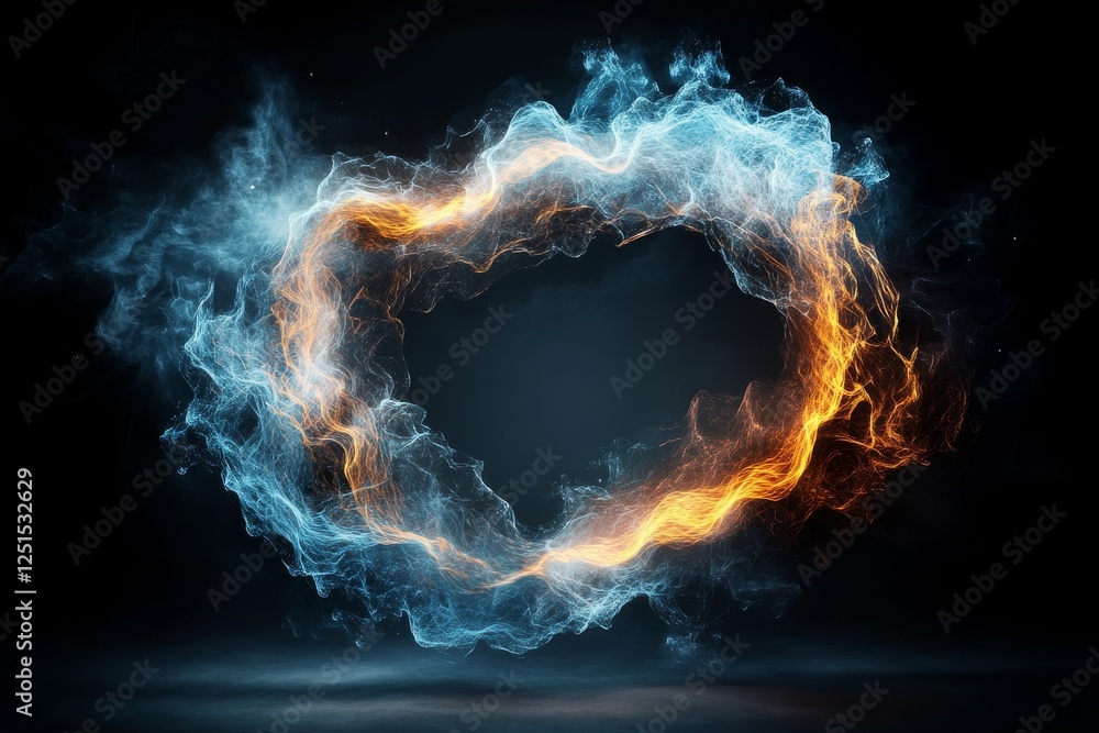 Poster vibrant swirl of blue and orange flames creating a mesmerizing circular effect in dark background
