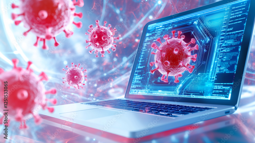 Poster a laptop shows a vibrant digital display of virus structures, surrounded by glowing data streams, re