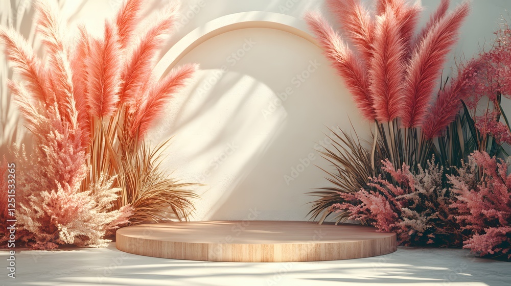 Poster elegant podium display with pampas grass and arch for product showcase in soft light