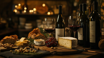 A rustic kitchen table adorned with cheese, bread, red wine, and walnuts, with an array of wine bottles softly blurred in the background